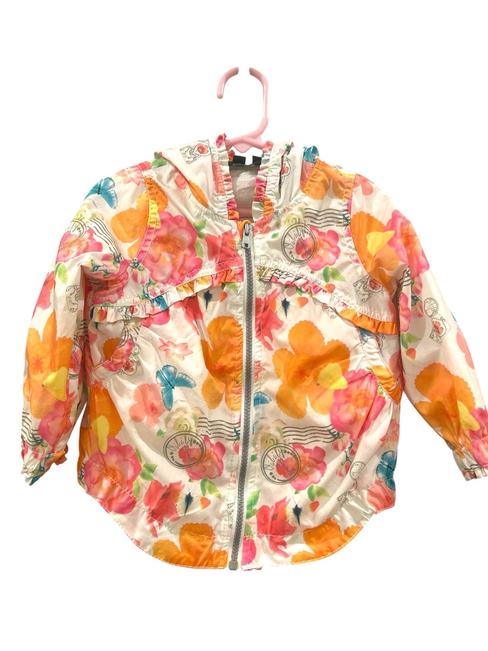 Oilily Girls Floral Hooded Windbreaker Jacket - Pink, Orange, Blue